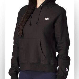 Champion Reverse Weave Black Hoodie Women’s Small Ribbed Side Panel Classic Fit